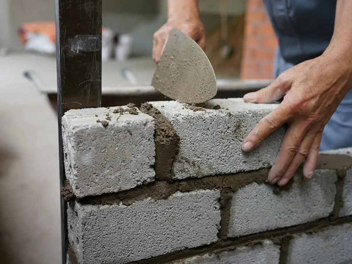 Mason laying concrete blocks with a trowel